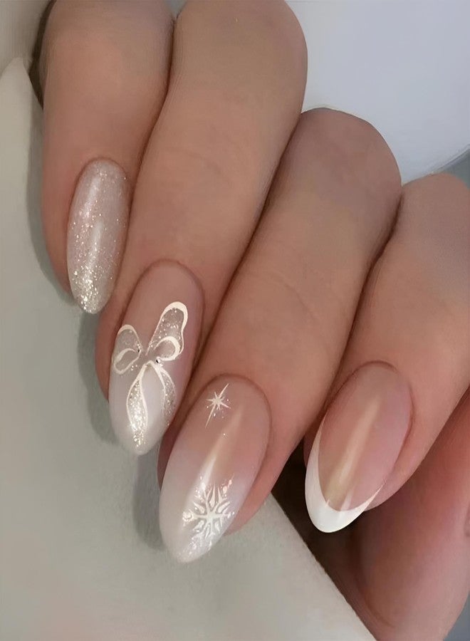 winthrop Christmas Press On Nails Short Medium Almond Fake Nails, French Snowflake Bow Glitter Acrylic Full Cover False Nails Set, Natural Perfectly Reusable Stick On Nails Suitable for Women Girls - Image 1